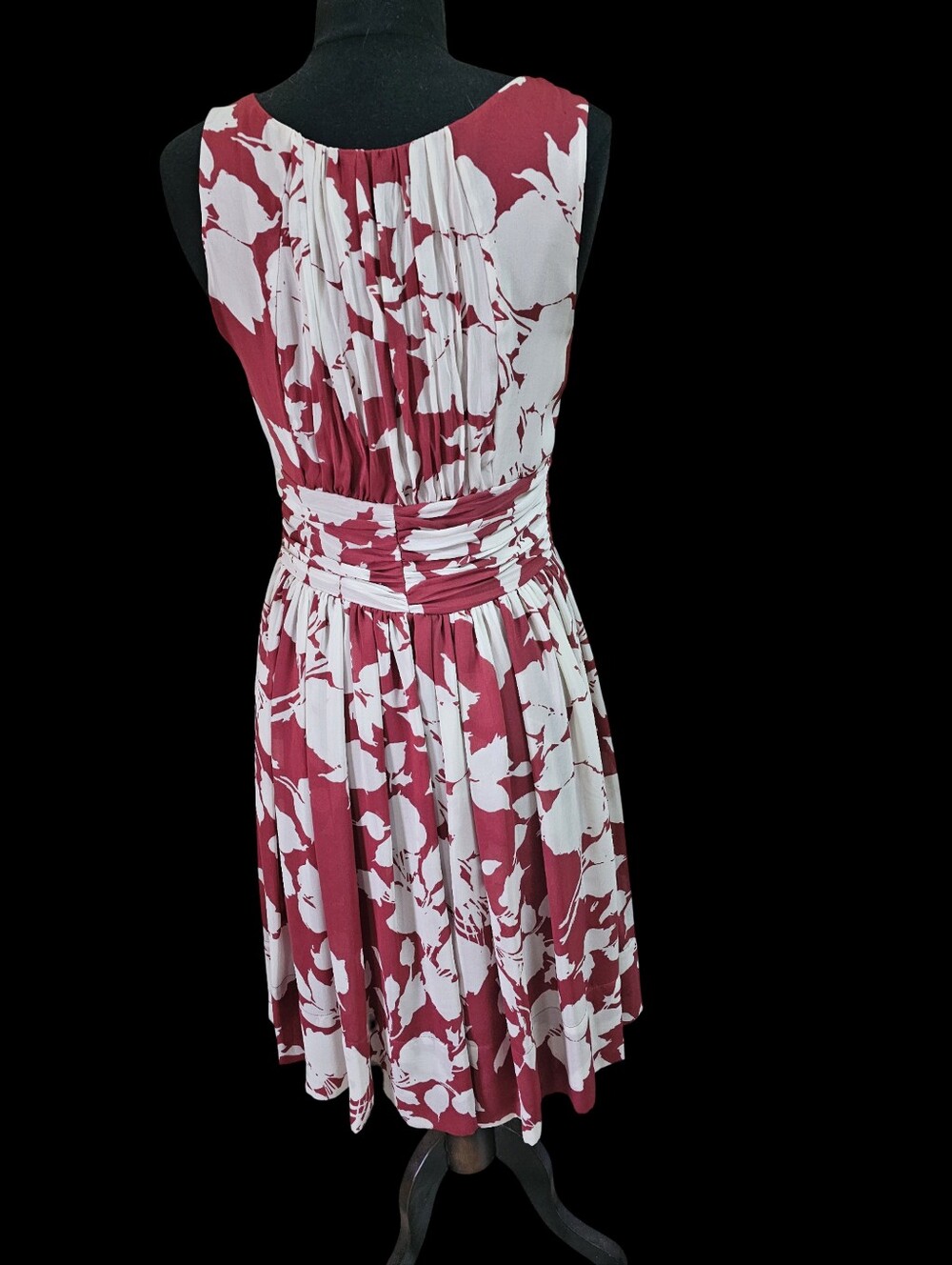 Talbot's Sleeveless Floral Pleated Waist Midi Dress - Burgundy & White